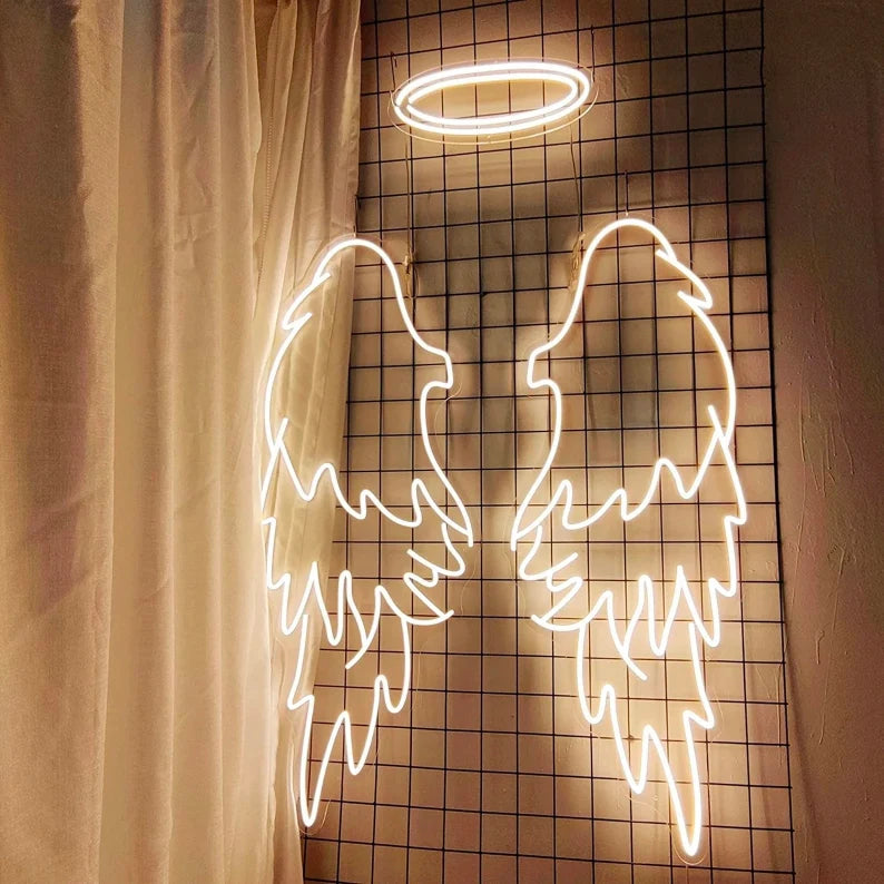 Angel Wings With Head Ring Neon Sign For Selfie Point