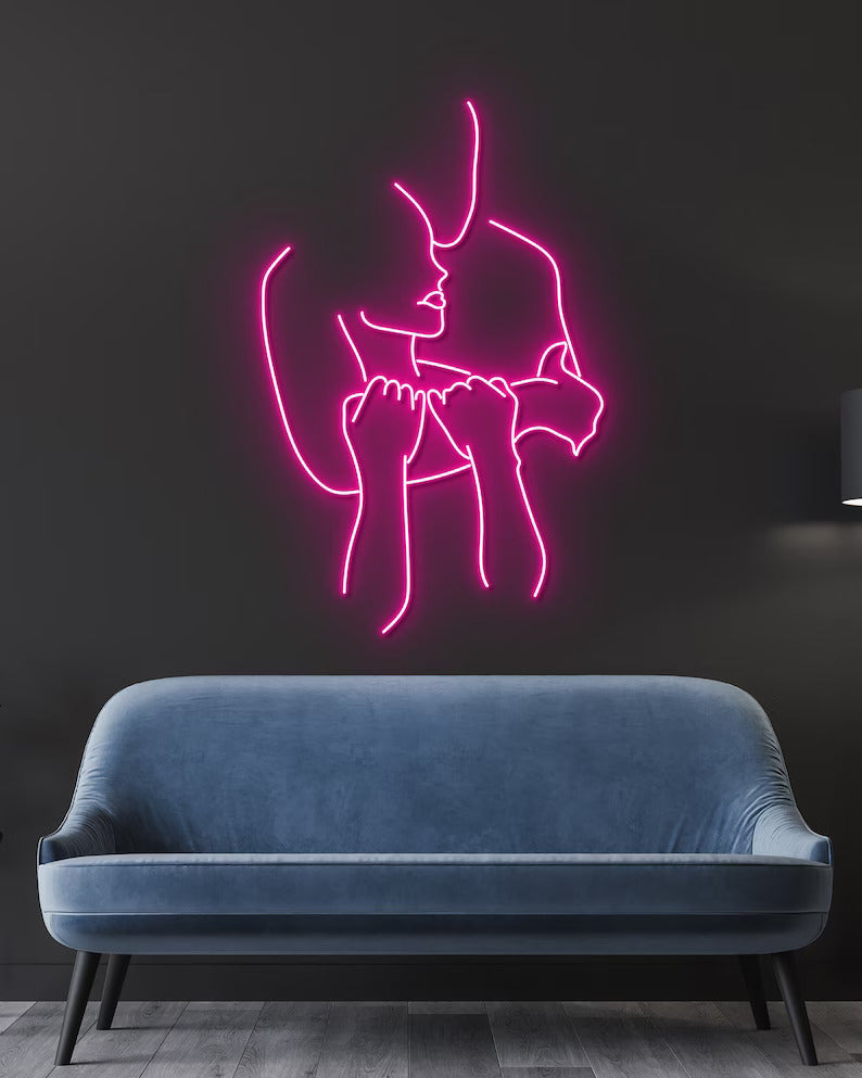 Hugging Couple Abstract Art Neon Sign