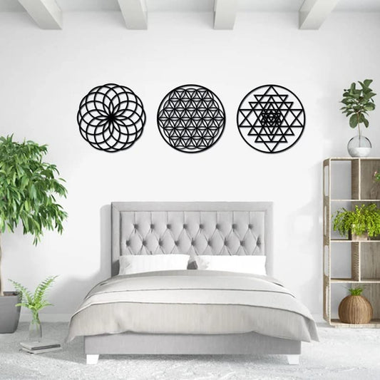 Sacred Geometry Wooden Wall Art (12 x 12 Inches) - 3 Pcs