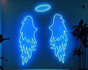 Angel Wings With Head Ring Neon Selfie Point Art (Ice Blue Color)