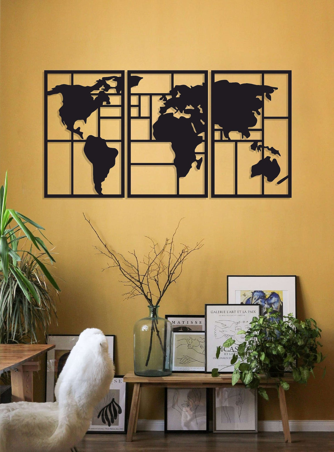 World Map Three Panels Wall Decor