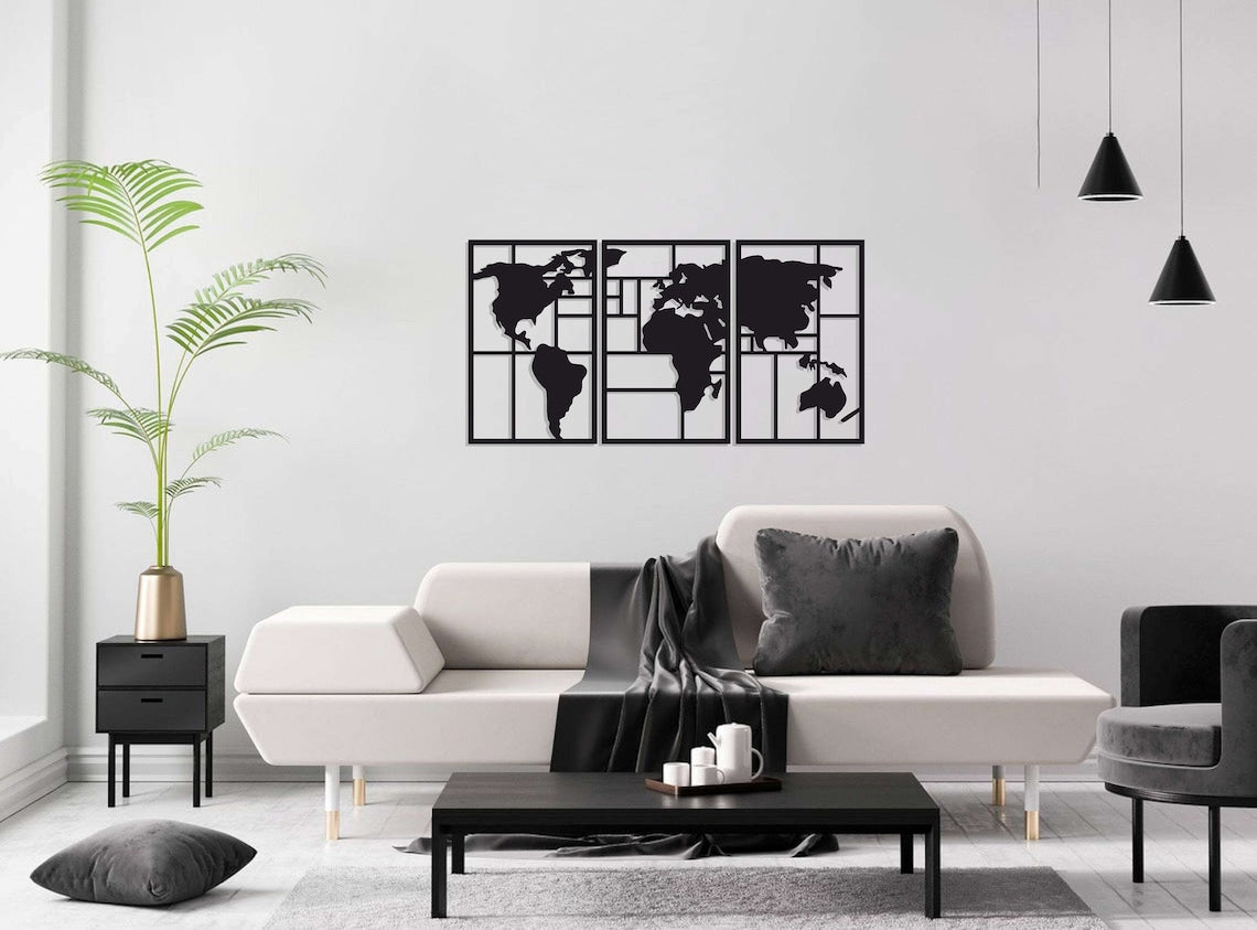 World Map Three Panels Wall Decor