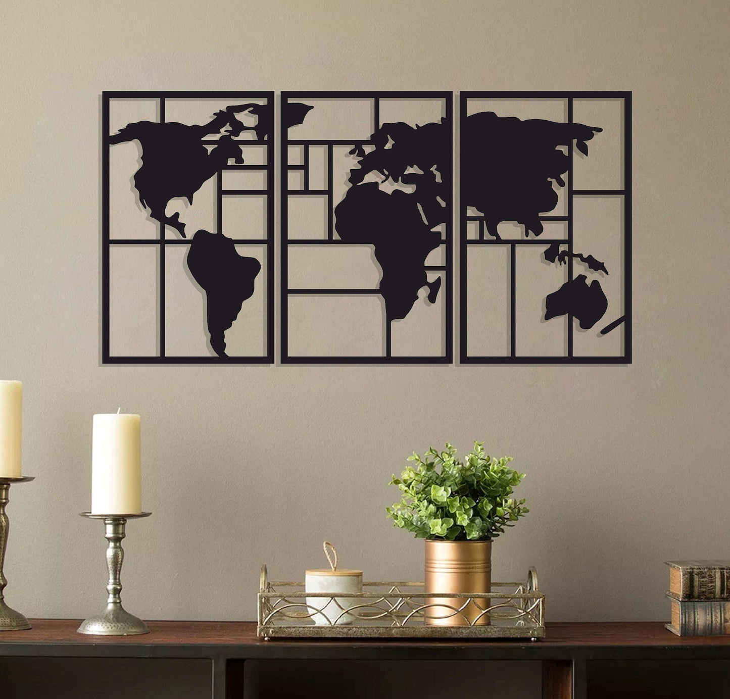 World Map Three Panels Wall Decor