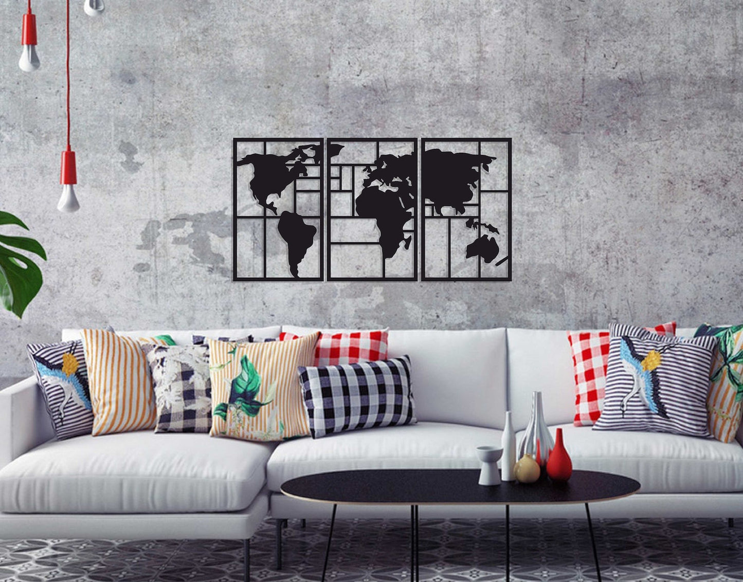 World Map Three Panels Wall Decor