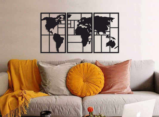 World Map Three Panels Wall Decor