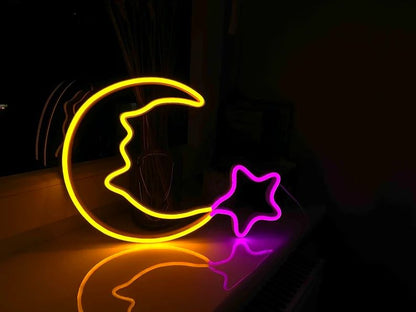 Warm White Moon & Pink Star LED Neon Signs - A Magical Gift