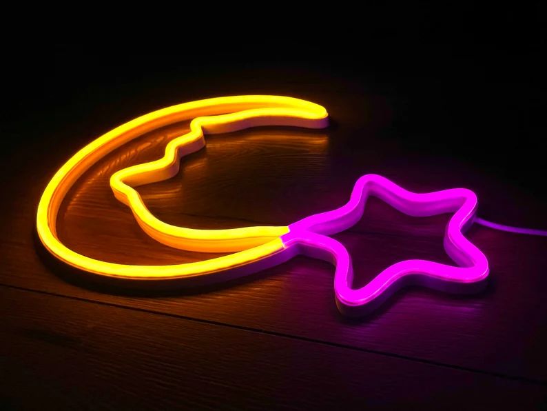 Warm White Moon & Pink Star LED Neon Signs - A Magical Gift