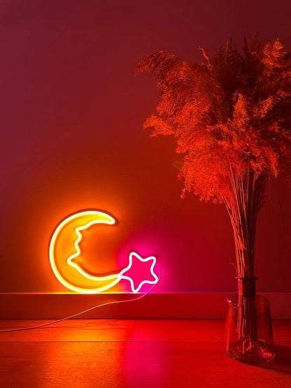 Warm White Moon & Pink Star LED Neon Signs - A Magical Gift