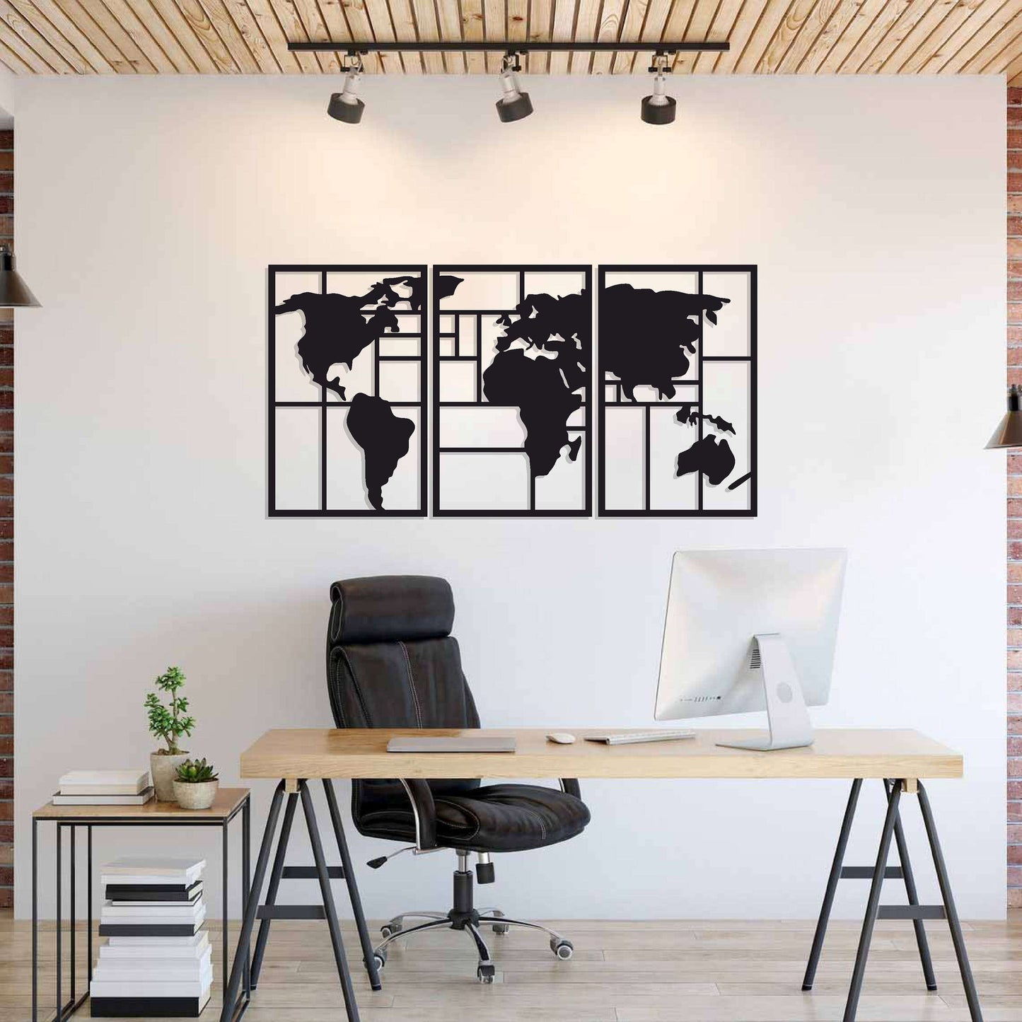 World Map Three Panels Wall Decor